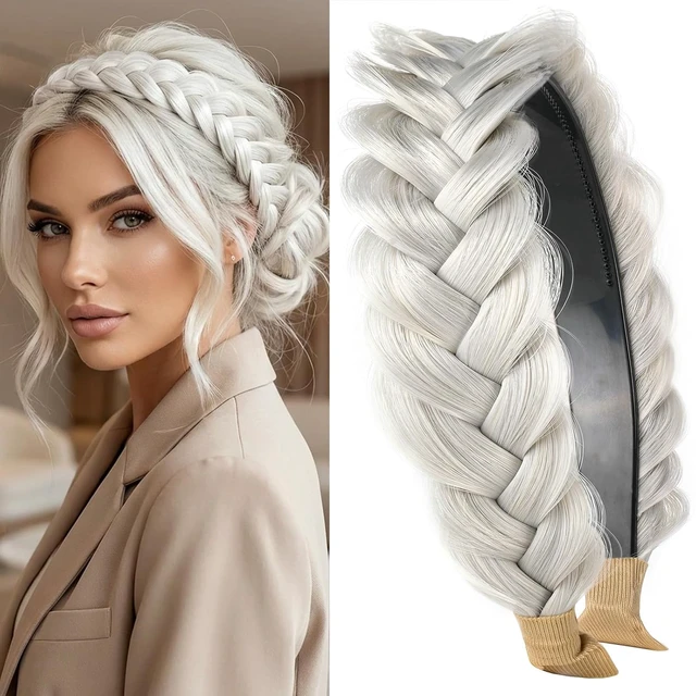 Main image of Wide Braided Headband Hoop Fashion Hair Accessories Elastic Non-slip Band for Women and Girl (White Grey)