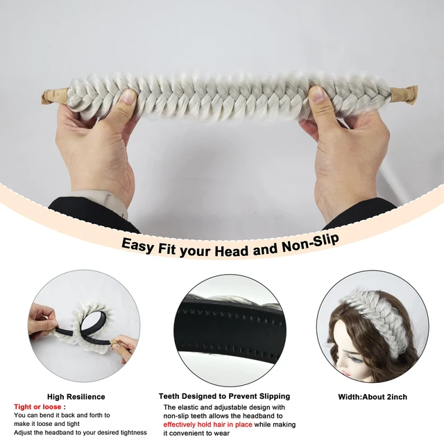 Alt view image 2 of 7 - Wide Braided Headband Hoop Fashion Hair Accessories Elastic Non-slip Band for Women and Girl (White Grey)