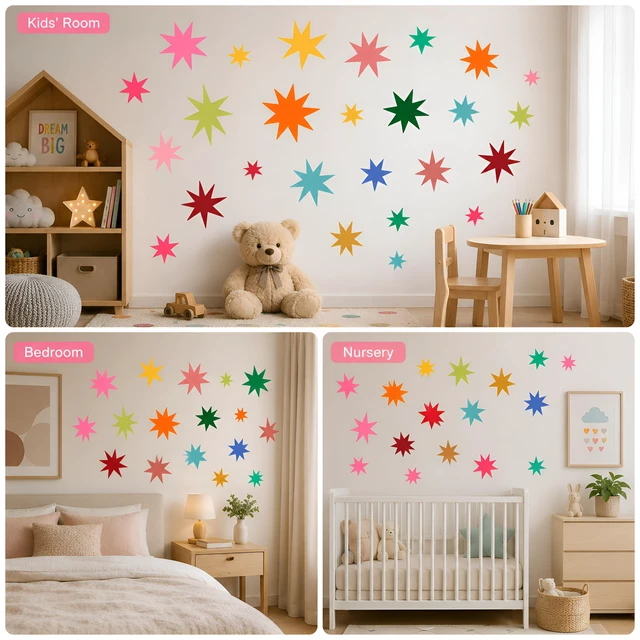 Alt view image 4 of 7 - Wild Earth Colourful Stars Wall Stickers, Cosmic Carnival Wall Stickers, Removable Vinyl Sticker, Wallpaper Effect Wall Sticker Irregular Star Wall Sticker Decals Nursery Playroom Decor (68 PCS)