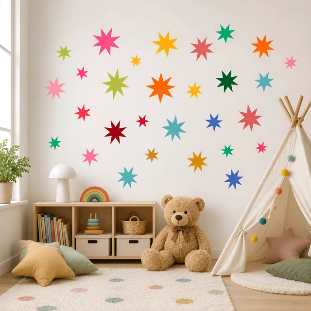 Alt view image 5 of 7 - Wild Earth Colourful Stars Wall Stickers, Cosmic Carnival Wall Stickers, Removable Vinyl Sticker, Wallpaper Effect Wall Sticker Irregular Star Wall Sticker Decals Nursery Playroom Decor (68 PCS)