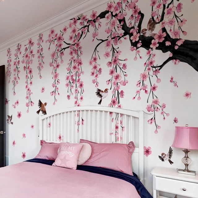 Main image of Large Cherry Blossom Tree Wall Decals Peel and Stick Pink Floral Wall Art Stickers for Living Room Bedroom Nursery Flower Decor