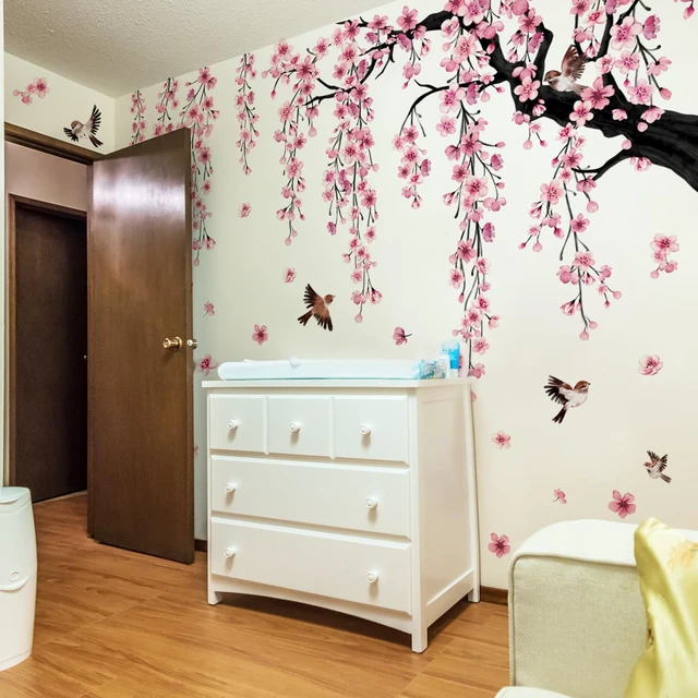 Alt view image 2 of 4 - Large Cherry Blossom Tree Wall Decals Peel and Stick Pink Floral Wall Art Stickers for Living Room Bedroom Nursery Flower Decor