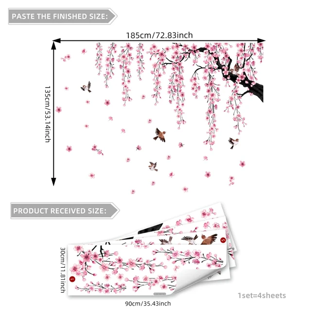 Alt view image 4 of 4 - Large Cherry Blossom Tree Wall Decals Peel and Stick Pink Floral Wall Art Stickers for Living Room Bedroom Nursery Flower Decor