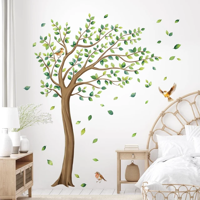 Main image of XL Large Tree Wall Stickers Green Tree Leaves Birds Wall Decals | 64in H Peel and Stick Falling Leaf Art Decor for Kids Girls Nursery Room Bedroom Living Room Kindergarten Classroom