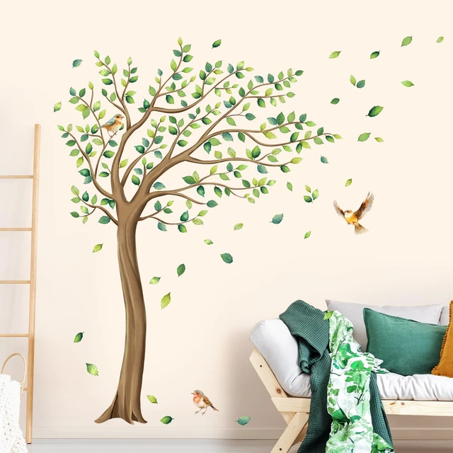 Alt view image 2 of 6 - XL Large Tree Wall Stickers Green Tree Leaves Birds Wall Decals | 64in H Peel and Stick Falling Leaf Art Decor for Kids Girls Nursery Room Bedroom Living Room Kindergarten Classroom