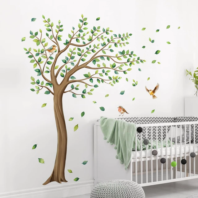 Alt view image 3 of 6 - XL Large Tree Wall Stickers Green Tree Leaves Birds Wall Decals | 64in H Peel and Stick Falling Leaf Art Decor for Kids Girls Nursery Room Bedroom Living Room Kindergarten Classroom