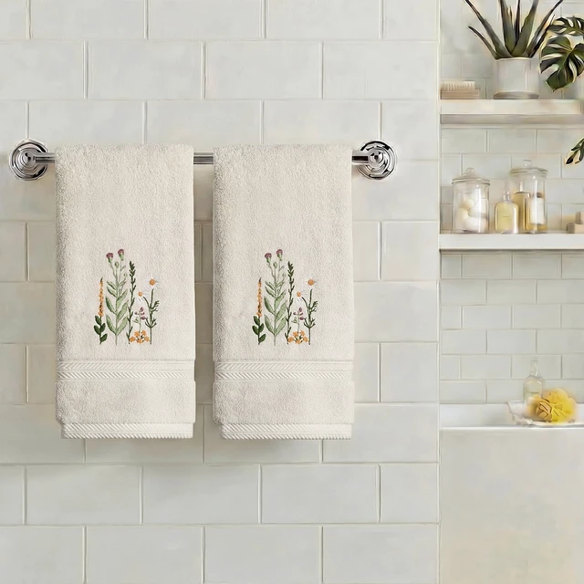 Alt view image 2 of 6 - 2 Pcs Beige Wildflower Floral Embroidered Hand Towels for Bathroom, 100% Cotton Soft Absorbent Farmhouse Decor Towels, 13.7 x 29.5 Inch