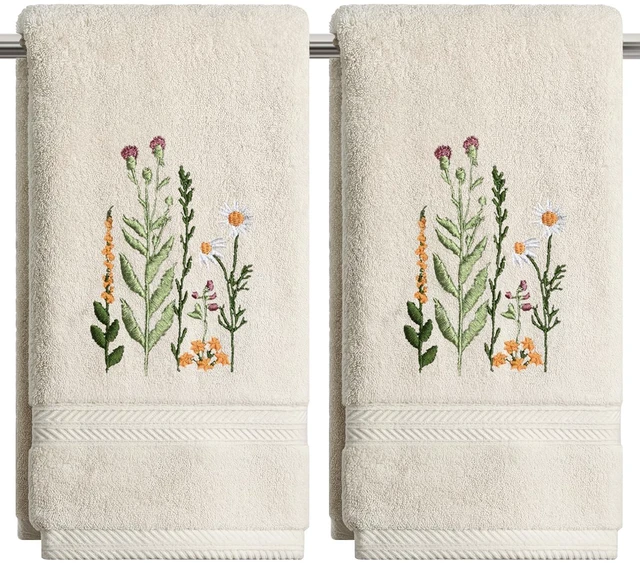Main image of 2 Pcs Beige Wildflower Floral Embroidered Hand Towels for Bathroom, 100% Cotton Soft Absorbent Farmhouse Decor Towels, 13.7 x 29.5 Inch