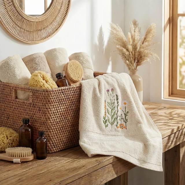 Alt view image 4 of 6 - 2 Pcs Beige Wildflower Floral Embroidered Hand Towels for Bathroom, 100% Cotton Soft Absorbent Farmhouse Decor Towels, 13.7 x 29.5 Inch