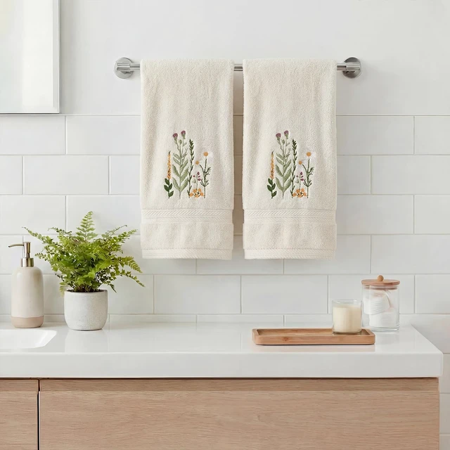 Alt view image 3 of 6 - 2 Pcs Beige Wildflower Floral Embroidered Hand Towels for Bathroom, 100% Cotton Soft Absorbent Farmhouse Decor Towels, 13.7 x 29.5 Inch