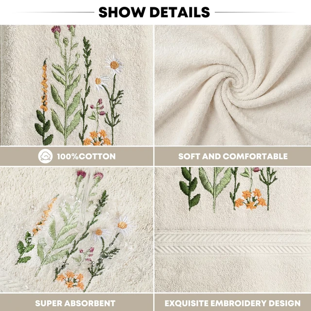 Alt view image 5 of 6 - 2 Pcs Beige Wildflower Floral Embroidered Hand Towels for Bathroom, 100% Cotton Soft Absorbent Farmhouse Decor Towels, 13.7 x 29.5 Inch