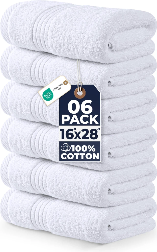 Main image of 6 Piece Hand Towels Set, 16x28 in, 100% Cotton, White | Premium Lightweight Ring Spun Cotton Hand Towels - Highly Absorbent, Quick-Drying, Ideal for Travel, Camp, Hotel & Spa