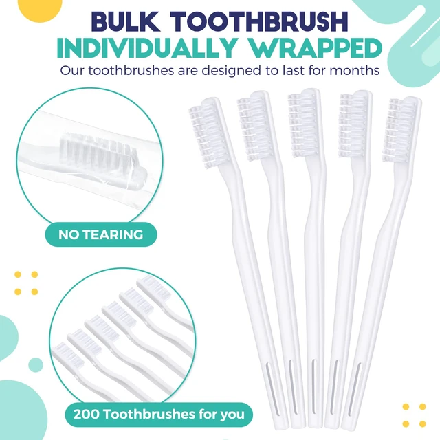 Alt view image 2 of 7 - 200 Pcs Individually Wrapped Bulk Toothbrush, Disposable Toothbrush | Soft Bristle Toothbrushes, for Adult Guests Travel Hotel Donation Home, Single Use, White