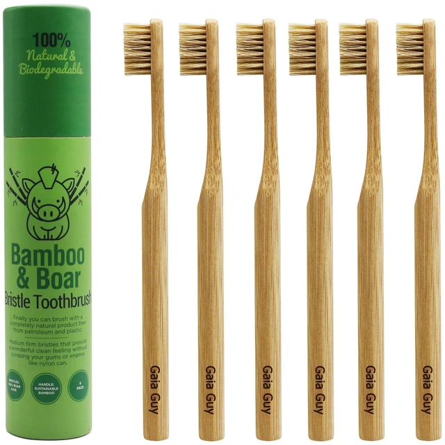 Main image of Natural Bristle Bamboo Toothbrush (NO Nylon - Boar Hair ONLY) - Totally Compostable & Biodegradable Boar Bristle and Bamboo Toothbrushes - Zero Waste - 6-Pack