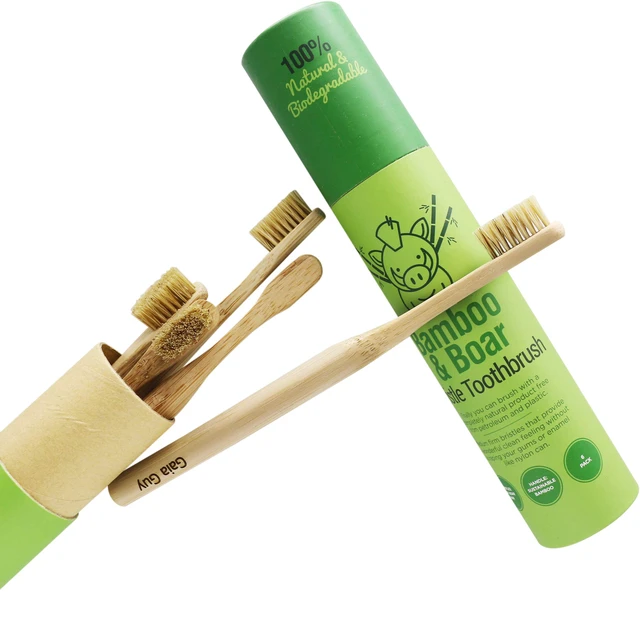 Alt view image 2 of 7 - Natural Bristle Bamboo Toothbrush (NO Nylon - Boar Hair ONLY) - Totally Compostable & Biodegradable Boar Bristle and Bamboo Toothbrushes - Zero Waste - 6-Pack