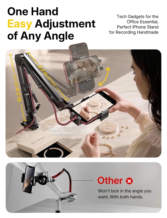 Alt view image 4 of 7 - Cell Phone Holder for Bed Desk, Overhead Phone Mount iPhone Recording | Magic Arm, Gooseneck Phone Holder for Desk, Cell Phone Stand for Desk Recording, Tech Gadgets iPhone Gaming Accessories Gifts