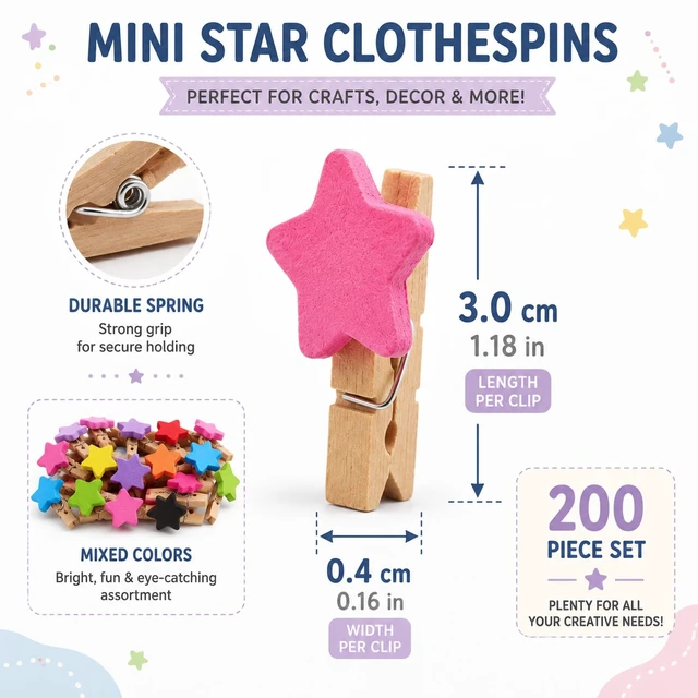 Alt view image 2 of 6 - 200pcs Mini Wooden Clothes Pins Star Photo Clips for Crafts, 1.18in | Detailed Mini Scale Mini Wooden Star Clothes Pins For Diy Crafts