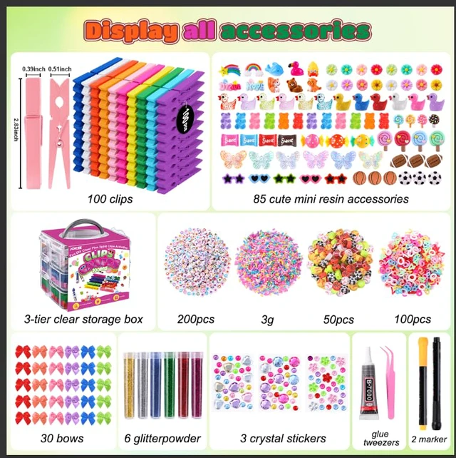 Alt view image 2 of 7 - 100 Set Cheer Pins Spirit Clips Clothes Pins Kit with Storage Box | 100 Colored Wooden Clothes Pins with Box 128 Mini Resin Animals Bows Over 350 Beads for Backpacks Ribbon Team Cheer Gift Bulk