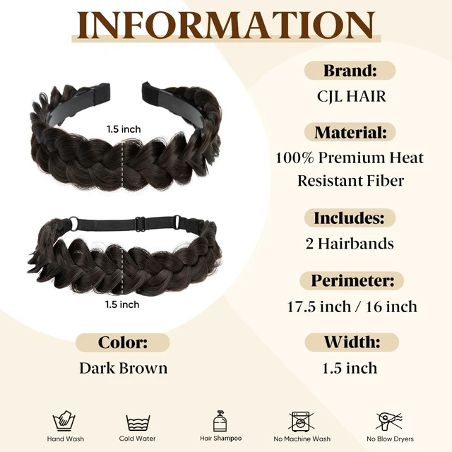 Alt view image 2 of 6 - 2PCs Braided Headbands Hair Piece for Women Synthetic Hair Hoops Head Bands Handmade Braid Hairband Accessories Elastic Stretch Headwrap Dark Brown