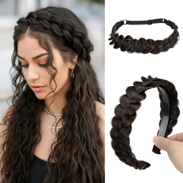 Main image of 2PCs Braided Headbands Hair Piece for Women Synthetic Hair Hoops Head Bands Handmade Braid Hairband Accessories Elastic Stretch Headwrap Dark Brown