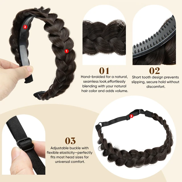 Alt view image 4 of 6 - 2PCs Braided Headbands Hair Piece for Women Synthetic Hair Hoops Head Bands Handmade Braid Hairband Accessories Elastic Stretch Headwrap Dark Brown