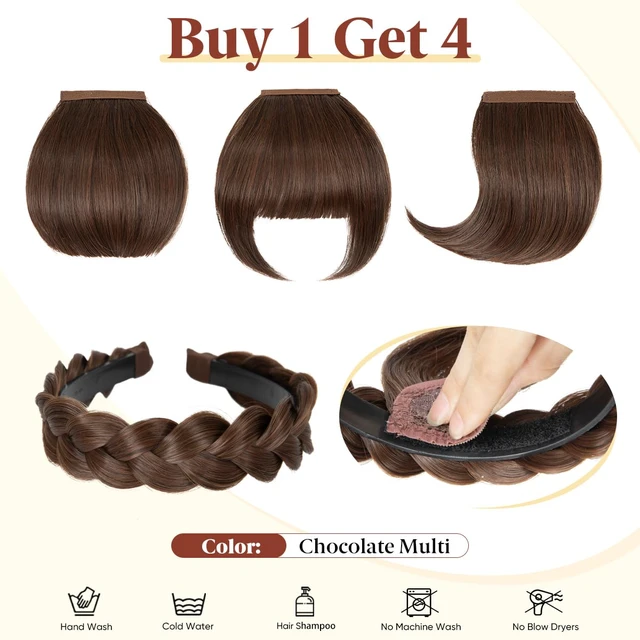 Alt view image 2 of 7 - Braided Headband with 3 Detachable Clip in Bangs Fringe Hairpieces Fake Synthetic Hair Band Bangs for Women Chocolate Multi