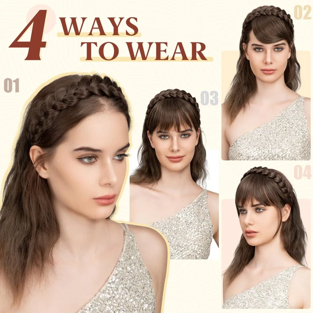 Alt view image 3 of 7 - Braided Headband with 3 Detachable Clip in Bangs Fringe Hairpieces Fake Synthetic Hair Band Bangs for Women Chocolate Multi
