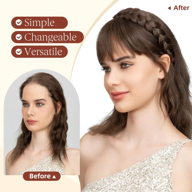 Alt view image 4 of 7 - Braided Headband with 3 Detachable Clip in Bangs Fringe Hairpieces Fake Synthetic Hair Band Bangs for Women Chocolate Multi