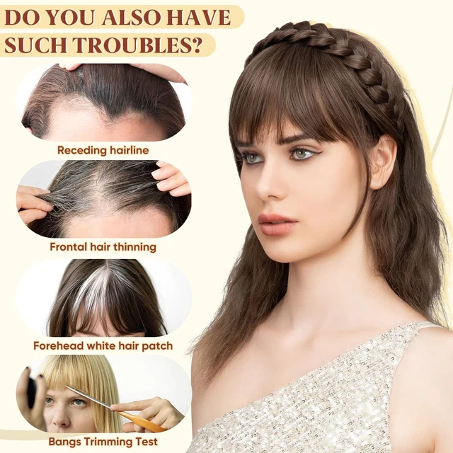 Alt view image 5 of 7 - Braided Headband with 3 Detachable Clip in Bangs Fringe Hairpieces Fake Synthetic Hair Band Bangs for Women Chocolate Multi