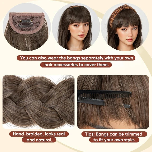 Alt view image 6 of 7 - Braided Headband with 3 Detachable Clip in Bangs Fringe Hairpieces Fake Synthetic Hair Band Bangs for Women Chocolate Multi