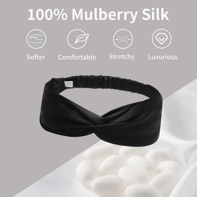 Alt view image 2 of 7 - Mulberry Silk Headband for Women's Hair Elastic Hairband, Solid Black | smooth luxury real silk, stretch elastic no slip fit, makeup spa skincare use, travel daily wear,boho fashion hair accessory
