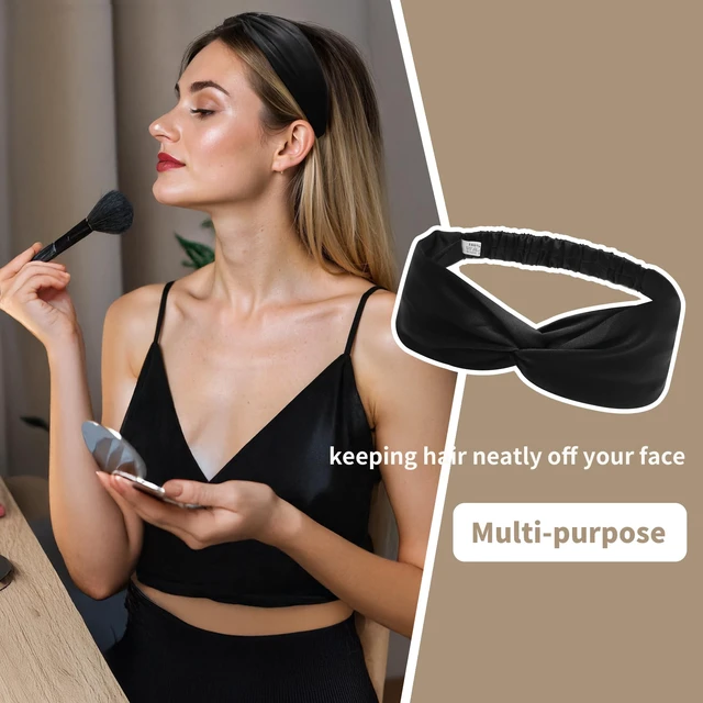 Alt view image 4 of 7 - Mulberry Silk Headband for Women's Hair Elastic Hairband, Solid Black | smooth luxury real silk, stretch elastic no slip fit, makeup spa skincare use, travel daily wear,boho fashion hair accessory