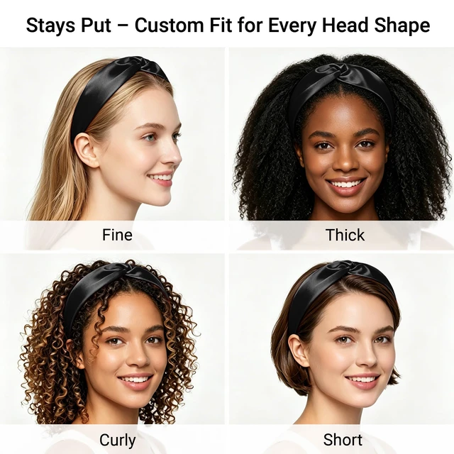 Alt view image 5 of 7 - Mulberry Silk Headband for Women's Hair Elastic Hairband, Solid Black | smooth luxury real silk, stretch elastic no slip fit, makeup spa skincare use, travel daily wear,boho fashion hair accessory
