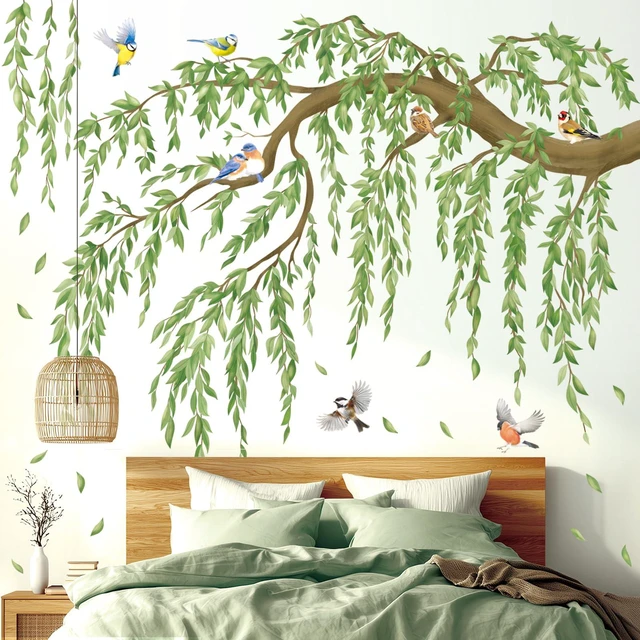 Main image of Large Green Leaf Willow Branch Wall Stickers Decals (SG4-2521) | Watercolor willow scene with songbirds and cascading leaves; peel and stick, removable nursery, bedroom and living room decor