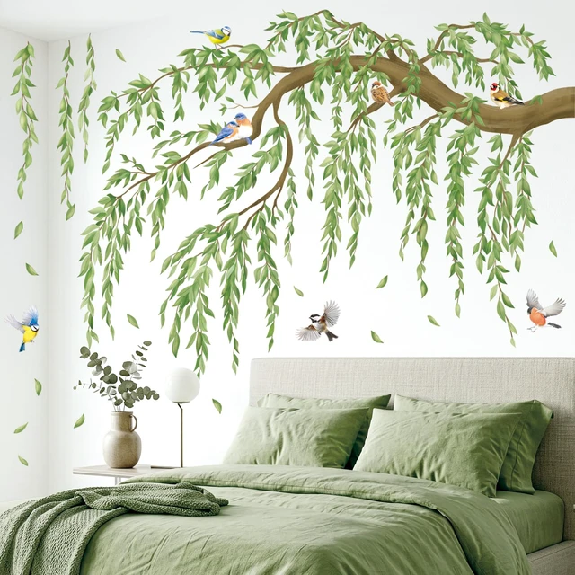 Alt view image 3 of 7 - Large Green Leaf Willow Branch Wall Stickers Decals (SG4-2521) | Watercolor willow scene with songbirds and cascading leaves; peel and stick, removable nursery, bedroom and living room decor
