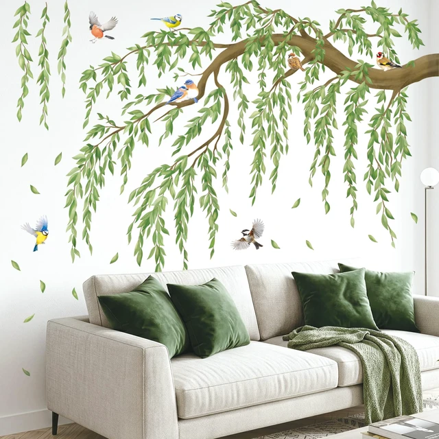 Alt view image 2 of 7 - Large Green Leaf Willow Branch Wall Stickers Decals (SG4-2521) | Watercolor willow scene with songbirds and cascading leaves; peel and stick, removable nursery, bedroom and living room decor
