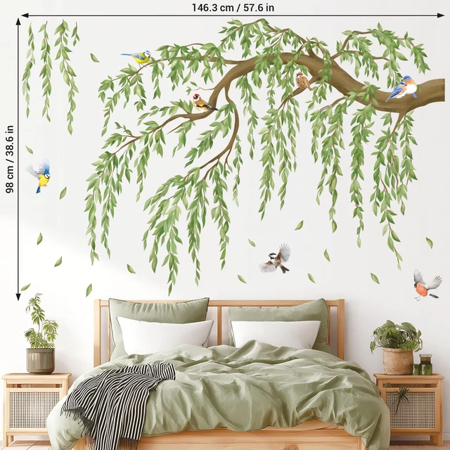 Alt view image 5 of 7 - Large Green Leaf Willow Branch Wall Stickers Decals (SG4-2521) | Watercolor willow scene with songbirds and cascading leaves; peel and stick, removable nursery, bedroom and living room decor