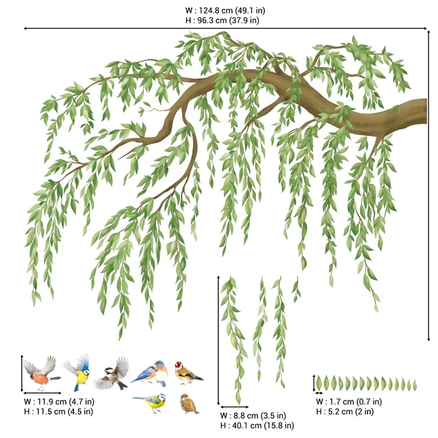 Alt view image 6 of 7 - Large Green Leaf Willow Branch Wall Stickers Decals (SG4-2521) | Watercolor willow scene with songbirds and cascading leaves; peel and stick, removable nursery, bedroom and living room decor
