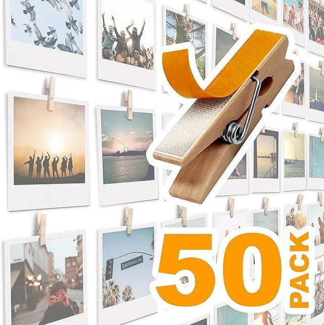 Main image of 50 pack Mini Self Adhesive Clips for Pictures - Poster Hanger Paper Clip Holder for Wall, Photo Cards Hanging Display Office Board & Picture Boards, Artwork Photos Holders Card Hangers Dorm Room Decor