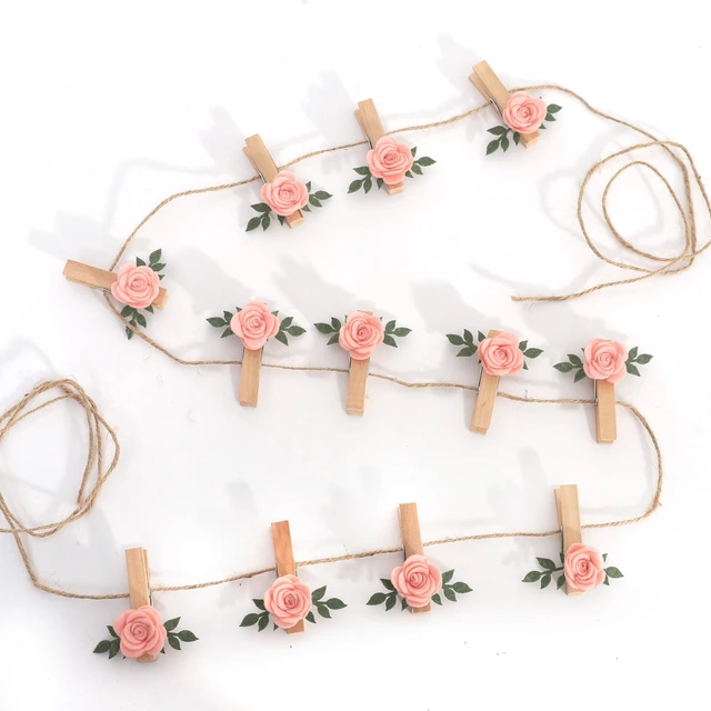 Main image of Pink Rose Floral Wooden Clothespins Decoration - Baby Shower Photo Clips | 12 Milestone Photo Pins, Baby in Bloom Baby Shower