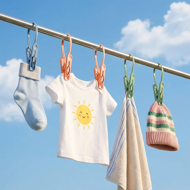 Alt view image 3 of 7 - 120 Pack Clothes Pins Clothes Peg Clip Pins with Plastic Rope for Clothesline, Mini ClothesPins with Hanging Rope, Multicolor Drying Clothing Clips Hooks for Hanging Socks Hats Pants Towel Photo