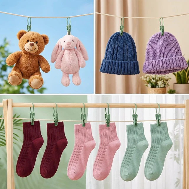 Alt view image 4 of 7 - 120 Pack Clothes Pins Clothes Peg Clip Pins with Plastic Rope for Clothesline, Mini ClothesPins with Hanging Rope, Multicolor Drying Clothing Clips Hooks for Hanging Socks Hats Pants Towel Photo