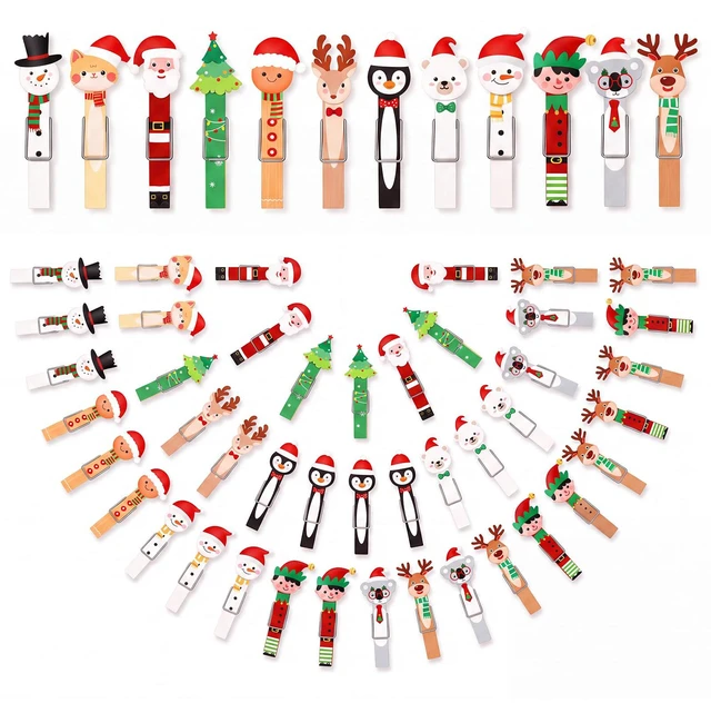 Main image of 60 Pcs Christmas Wood Clips 12 Styles 2.83" Christmas Clothespins | Wooden Snowman Tree Santa Cat Elk Fairy Photo Clips Mini Clothespins Hanging Xmas Photo Decor Home Art Craft DIY Party Favors