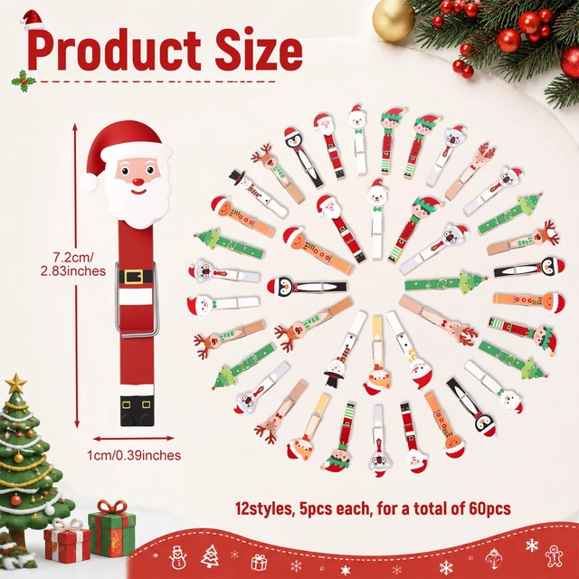 Alt view image 2 of 6 - 60 Pcs Christmas Wood Clips 12 Styles 2.83" Christmas Clothespins | Wooden Snowman Tree Santa Cat Elk Fairy Photo Clips Mini Clothespins Hanging Xmas Photo Decor Home Art Craft DIY Party Favors