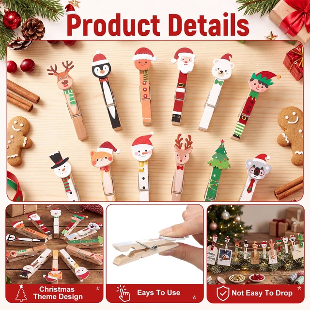 Alt view image 3 of 6 - 60 Pcs Christmas Wood Clips 12 Styles 2.83" Christmas Clothespins | Wooden Snowman Tree Santa Cat Elk Fairy Photo Clips Mini Clothespins Hanging Xmas Photo Decor Home Art Craft DIY Party Favors