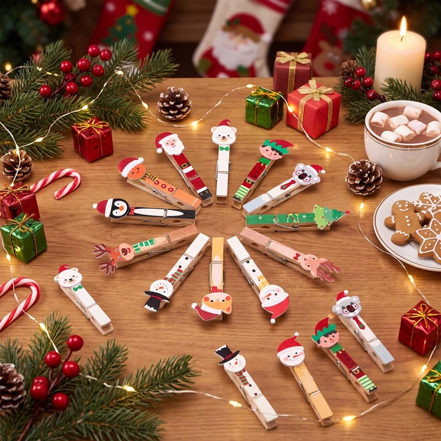 Alt view image 4 of 6 - 60 Pcs Christmas Wood Clips 12 Styles 2.83" Christmas Clothespins | Wooden Snowman Tree Santa Cat Elk Fairy Photo Clips Mini Clothespins Hanging Xmas Photo Decor Home Art Craft DIY Party Favors