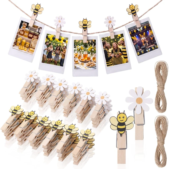 Main image of 100 Pcs Bee and Daisy Wooden Clothespins with Natural Jute Twine Summer Photo Clips Snack Close Laundry Clip Cartoon Wood Food Peg for Pictures Display Hanging Clothes Home Party Wedding