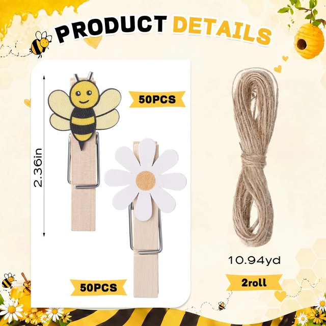 Alt view image 2 of 6 - 100 Pcs Bee and Daisy Wooden Clothespins with Natural Jute Twine Summer Photo Clips Snack Close Laundry Clip Cartoon Wood Food Peg for Pictures Display Hanging Clothes Home Party Wedding