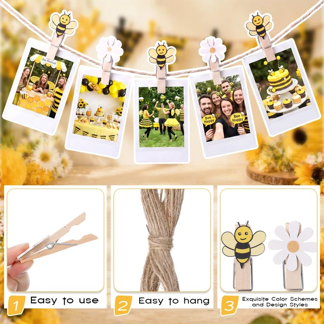 Alt view image 3 of 6 - 100 Pcs Bee and Daisy Wooden Clothespins with Natural Jute Twine Summer Photo Clips Snack Close Laundry Clip Cartoon Wood Food Peg for Pictures Display Hanging Clothes Home Party Wedding