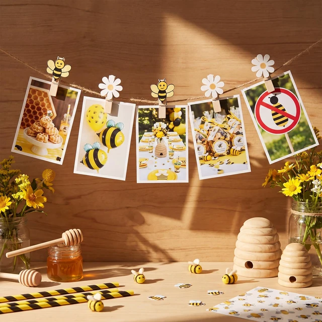 Alt view image 4 of 6 - 100 Pcs Bee and Daisy Wooden Clothespins with Natural Jute Twine Summer Photo Clips Snack Close Laundry Clip Cartoon Wood Food Peg for Pictures Display Hanging Clothes Home Party Wedding